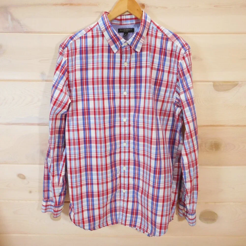 Banana Republic Men's L Plaid Button-up Shirt Red White Blue 4th of July Picnic